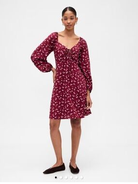 GAP Factory Burgundy Floral Mini Dress with Long Puff Sleeves